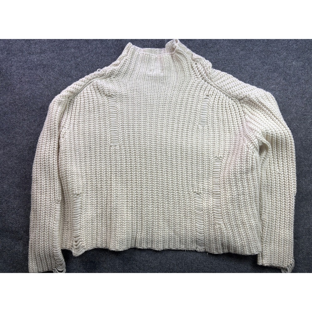 UMGEE Distressed Mock Neck Sweater Womens L Cream Cropped Chunky Knit Oversized - Picture 6 of 7